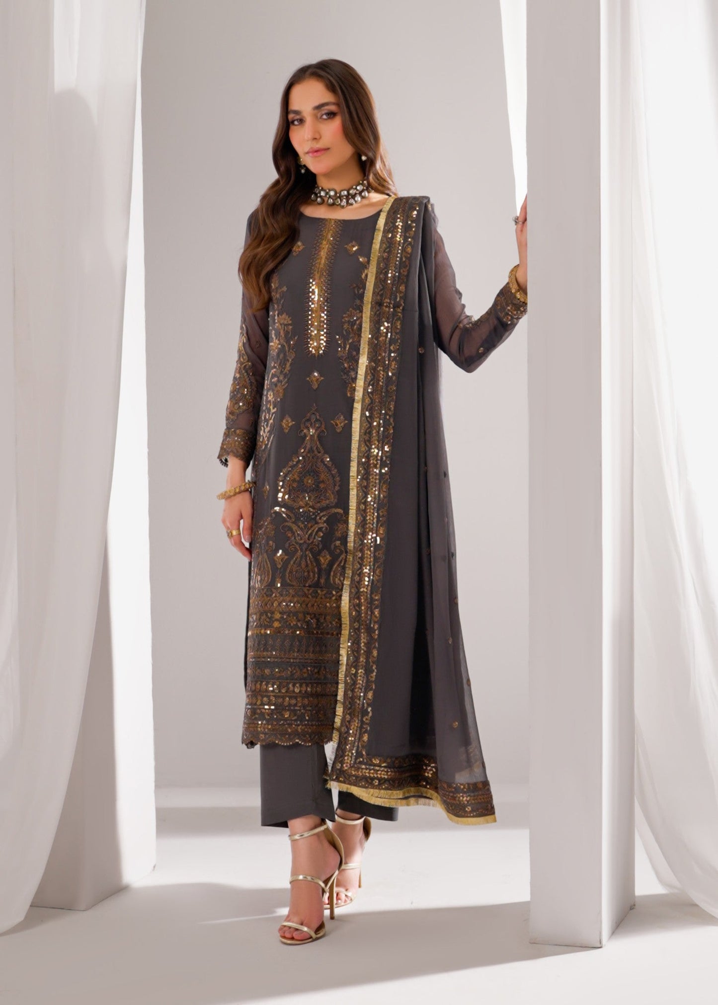 Ladies Embellished Dark Grey Kurta Set Online in UK USA Canada