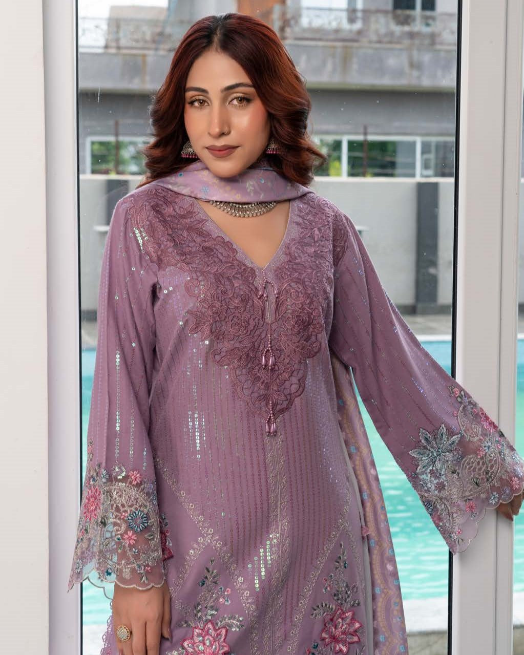Ladies Embellished Dhanak Shalwar Kameez with Shawl Online in UK USA Canada