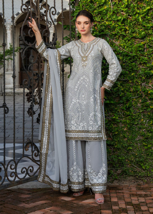 Ladies Embellished Duck Egg Grey Chiffon Kurta Online in UK USA Canada