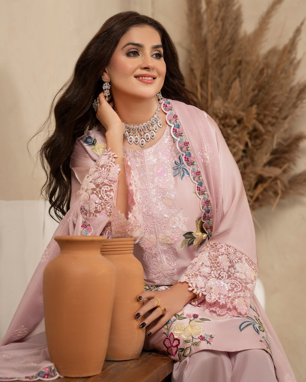 Ladies Embellished Dusty Rose Shamoz Silk Salwar Kameez Online in UK USA Canada