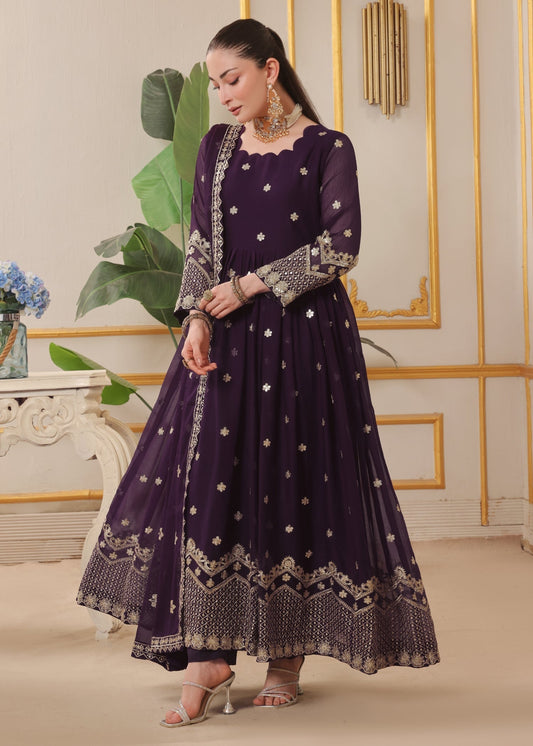 Ladies Embellished Egg Plant Chiffon Shalwar Kameez Online in UK USA Canada
