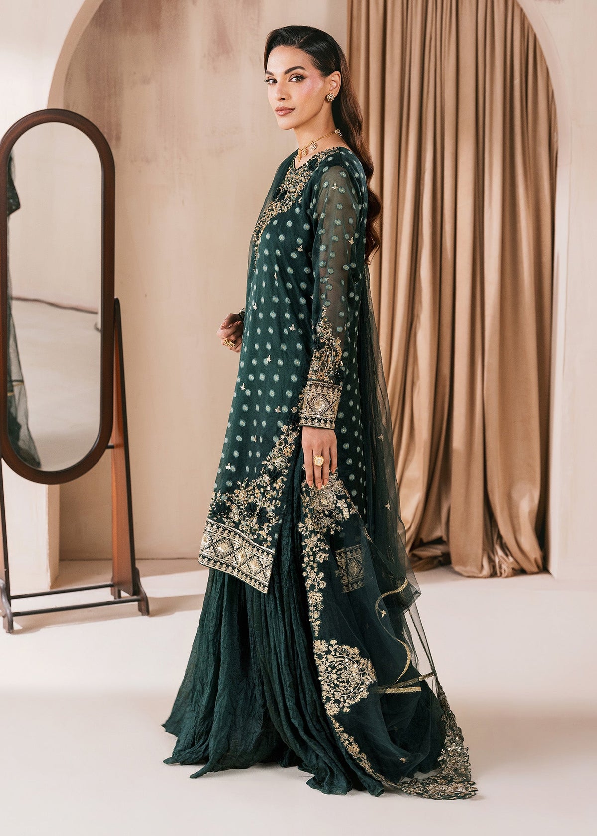 Ladies Embellished Emerald Green Organza Sharara Online in UK USA Canada