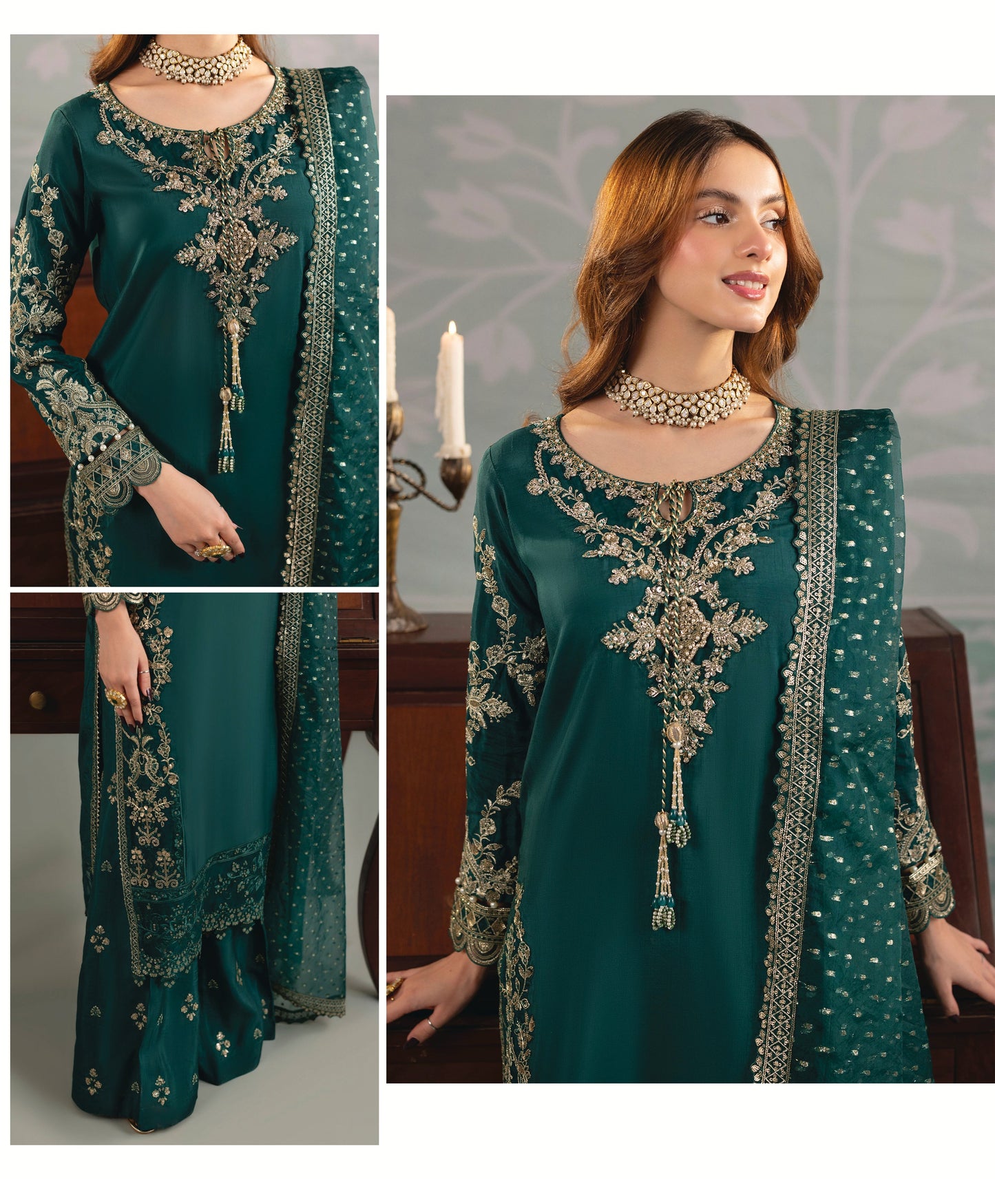 Ladies Embellished Emerald Silk Shalwar Kameez Online in UK USA Canada