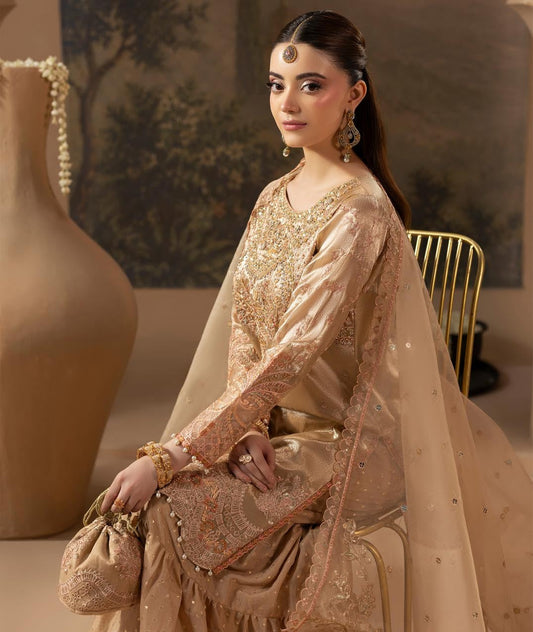 Ladies Embellished Gold Zari Tissue Sharara Suit Online in UK USA Canada