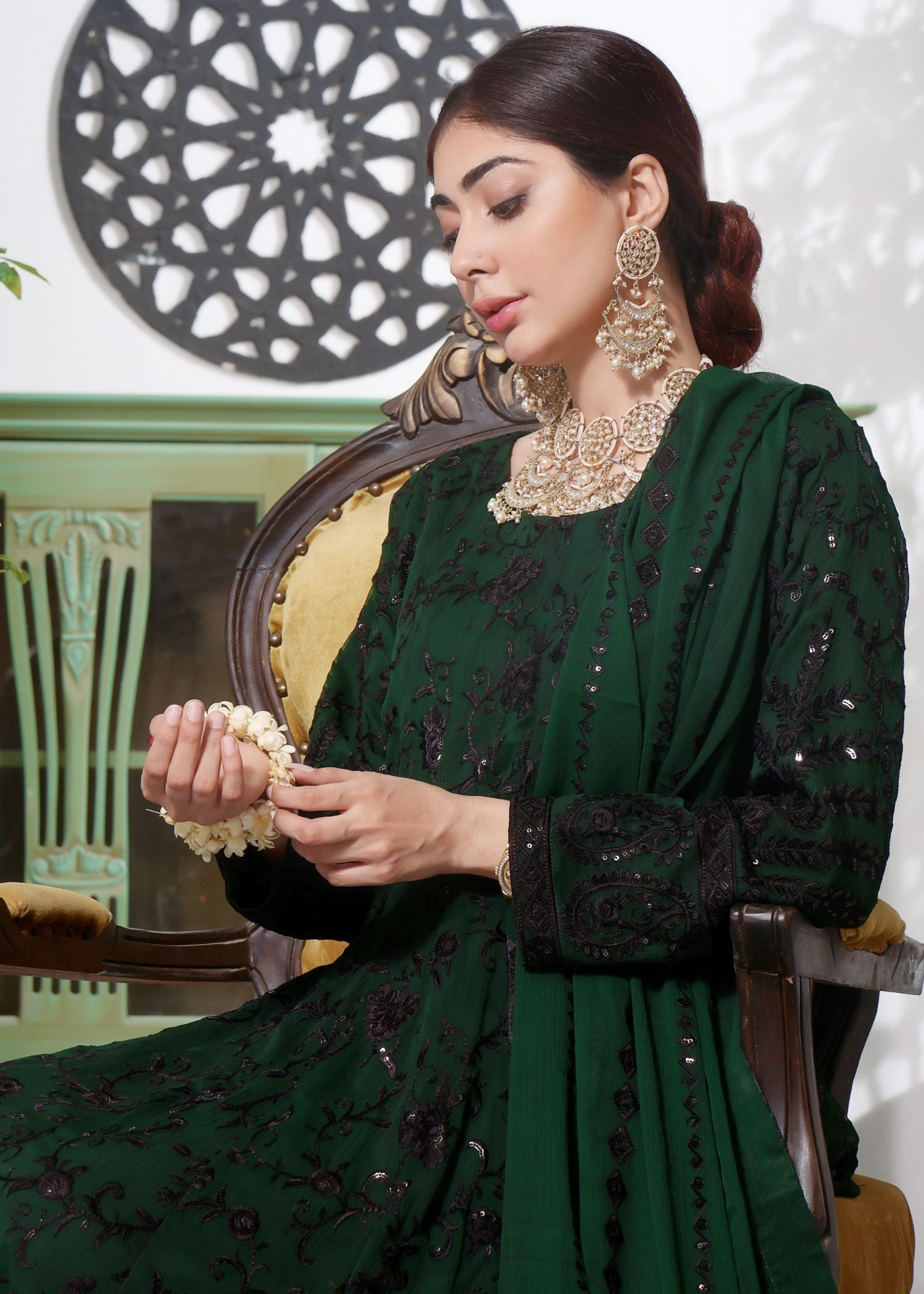Ladies Embellished Green Chiffon Flared Suit Online in UK USA Canada