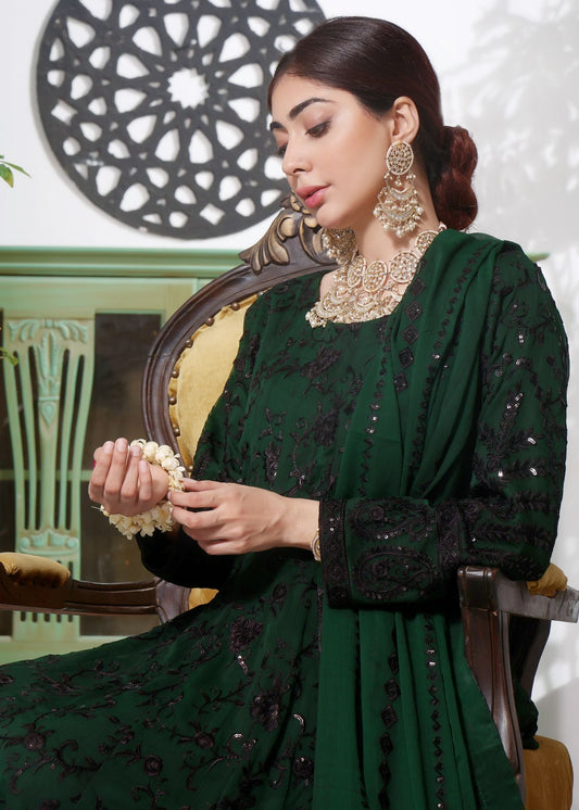 Ladies Embellished Green Chiffon Flared Suit Online in UK USA Canada