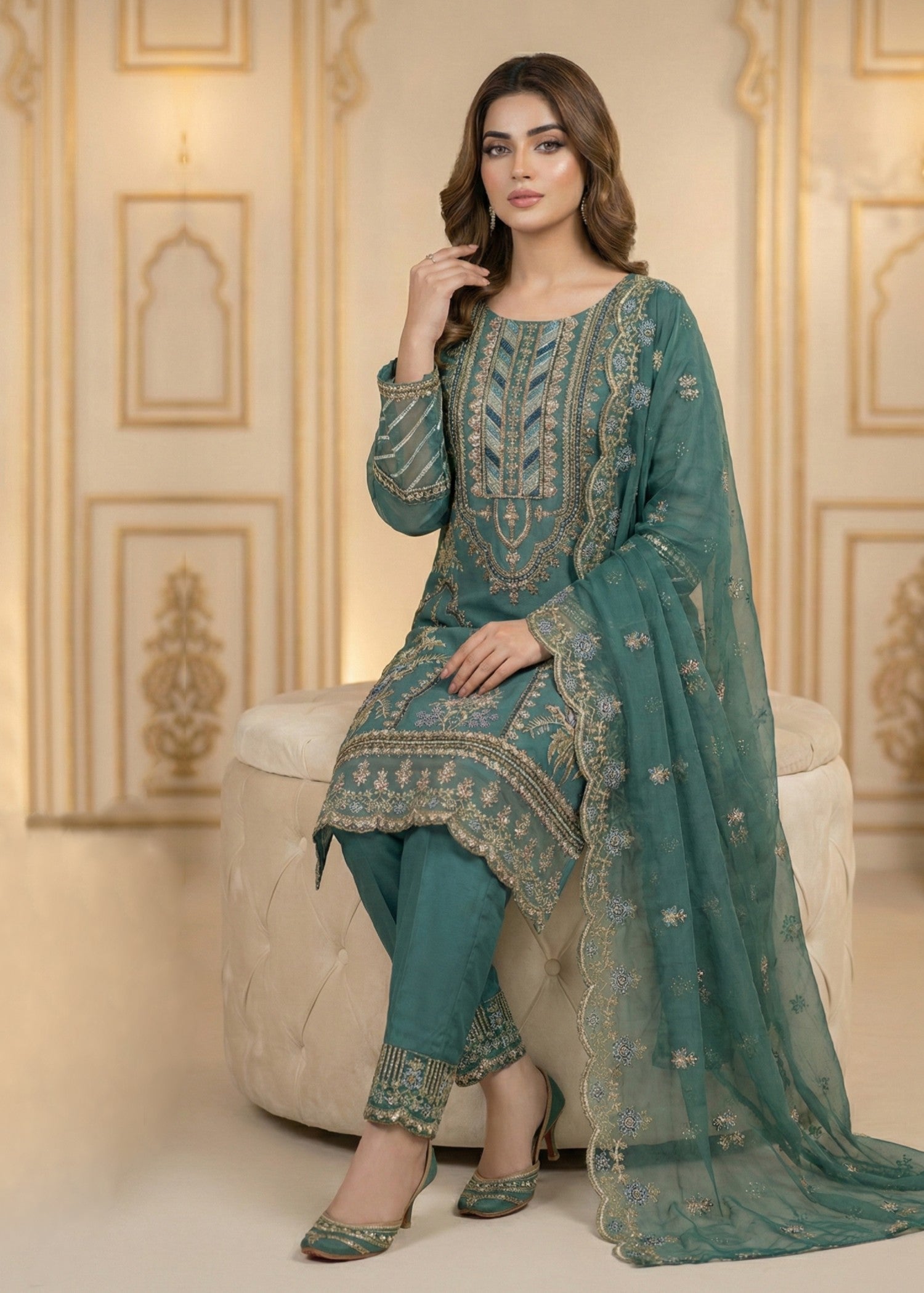 Ladies Embellished Green Organza Shalwar Kameez Online in UK USA Canada