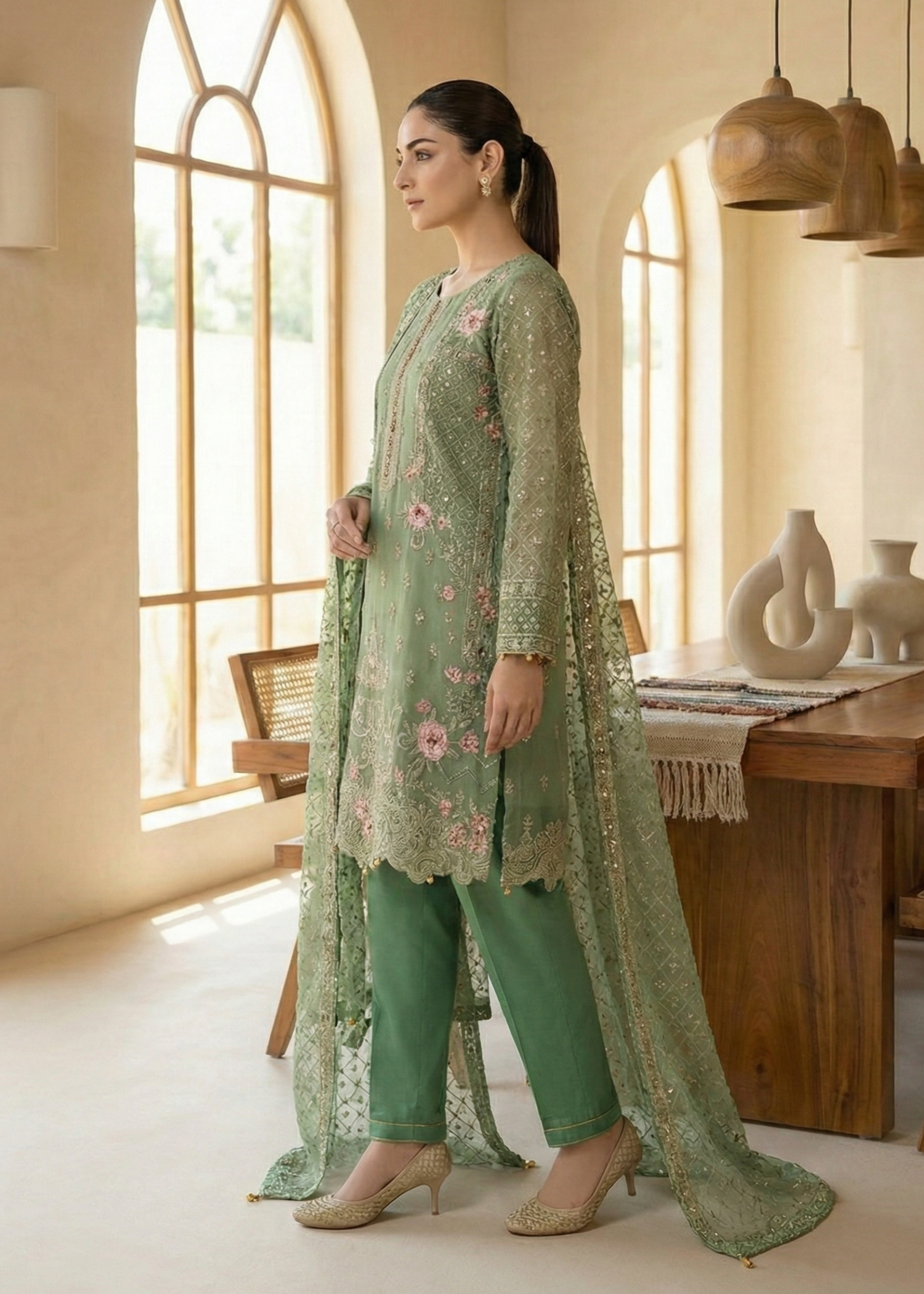 Ladies Embellished Green Organza Shalwar Kameez Online in UK USA Canada