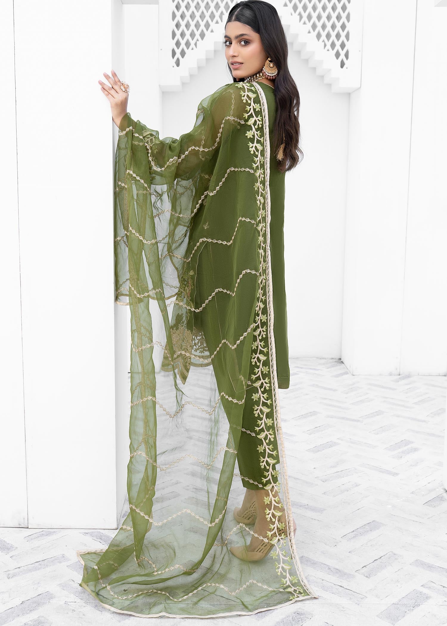 Ladies Embellished Green Raw Silk Suit Online in UK USA Canada