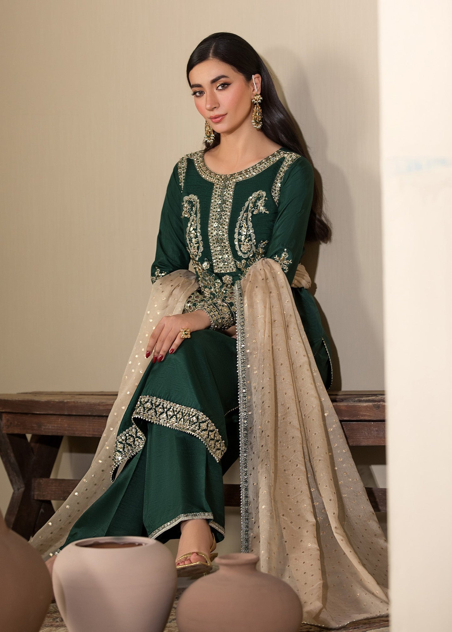 Ladies Embellished Green Silk Festive Wear Online in UK USA Canada