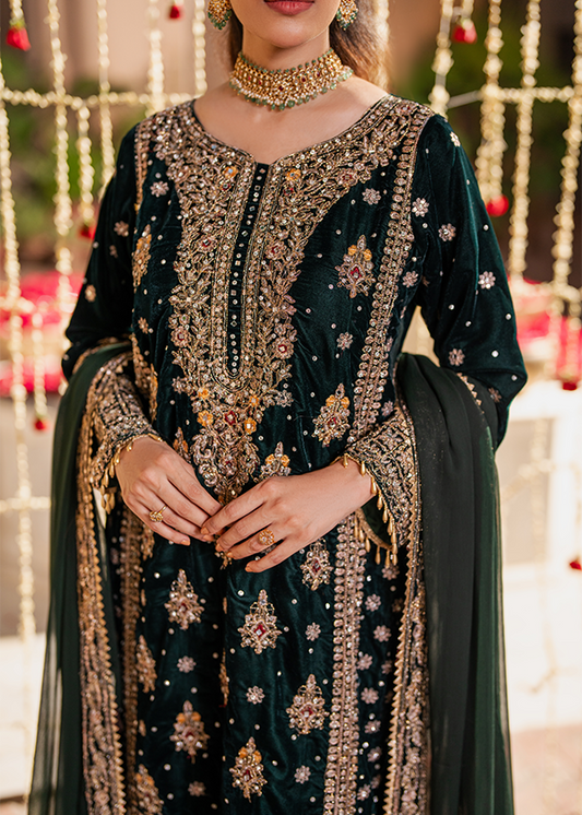 Ladies Embellished Green Velvet Salwar Kameez Online in UK USA Canada