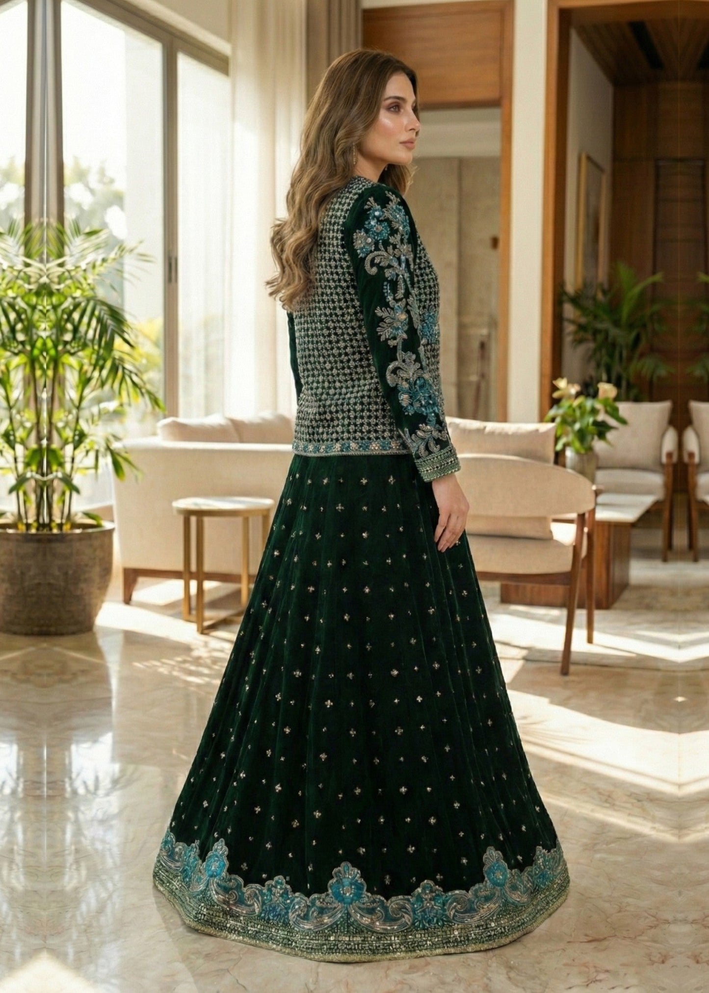 Ladies Embellished Green Velvet Suit Online in UK USA Canada