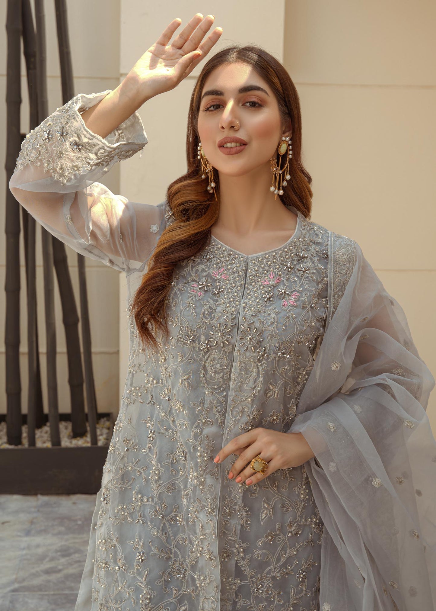 Ladies Embellished Grey Raw Silk Trouser Suit Online in UK USA Canada