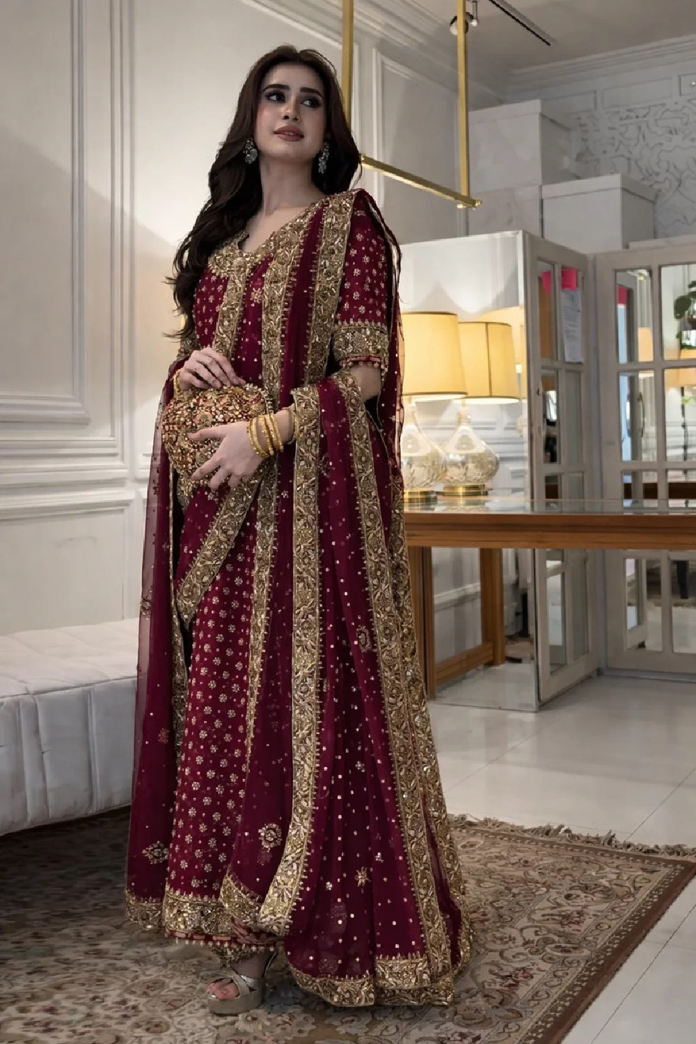 Ladies Embellished Hot Pink Chiffon Partywear Suit Online in UK USA Canada