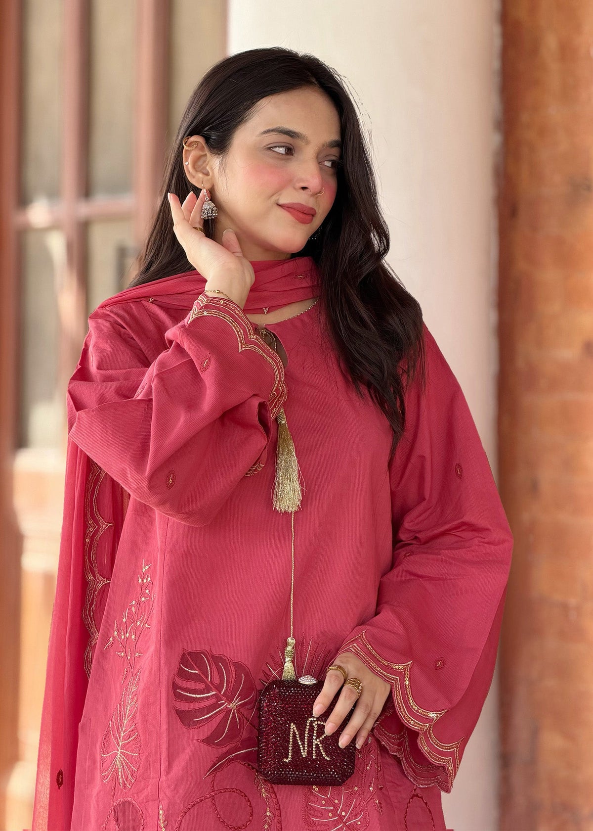 Ladies Embellished Hot Pink Raw Silk Suit Online in UK USA Canada