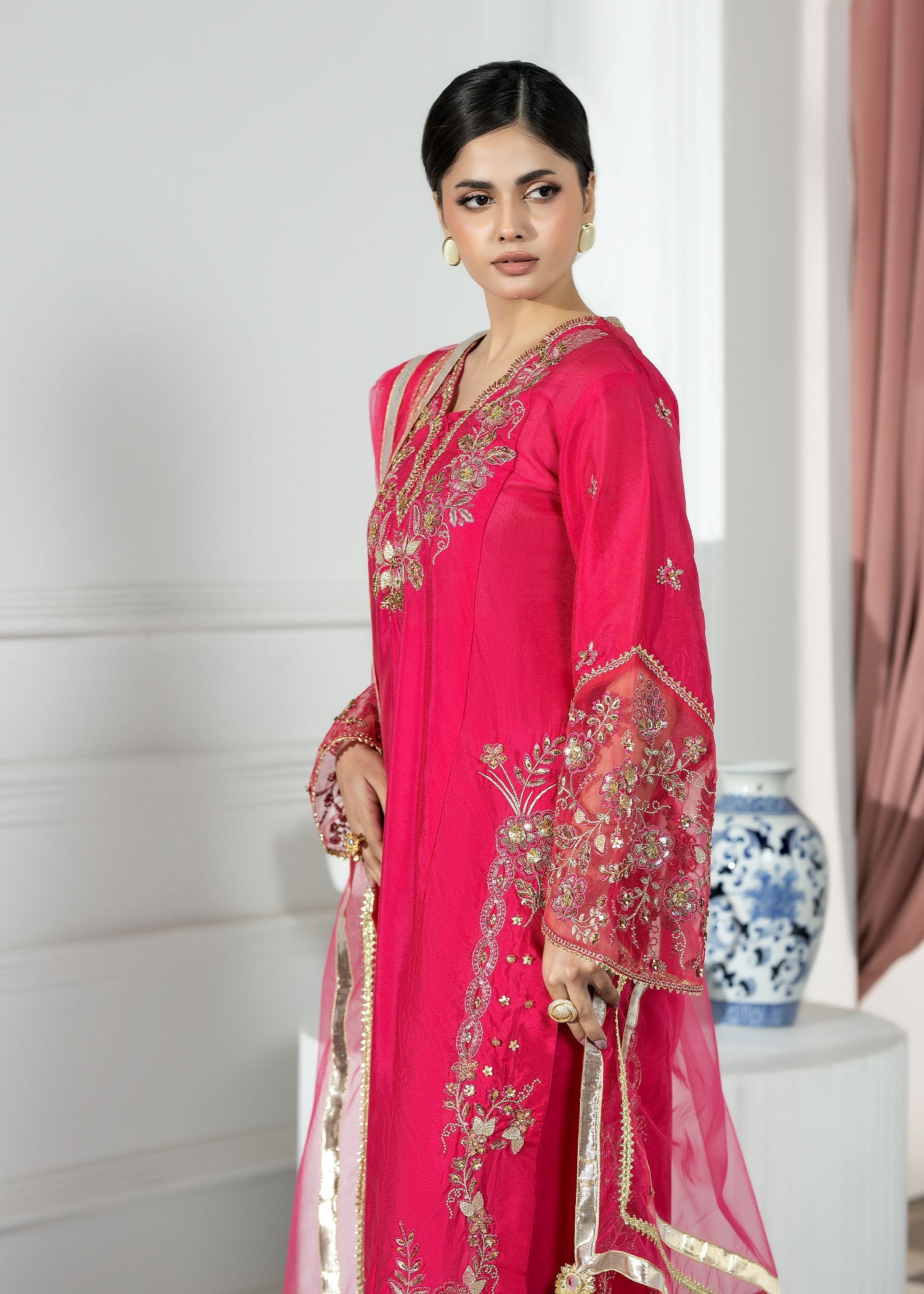Ladies Embellished Hot Pink Silk Shalwar Kameez Online in UK USA Canada