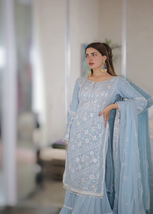 Ladies Embellished Ice Blue Chiffon Shalwar Kameez Online in UK USA Canada