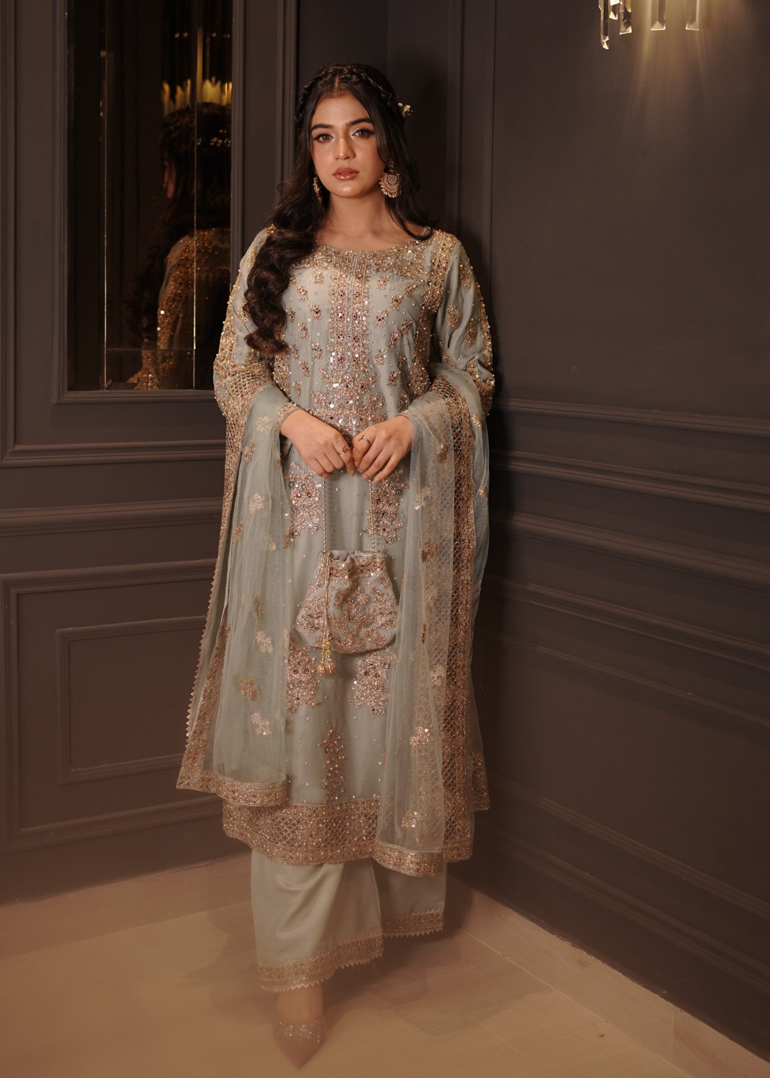 Ladies Embellished Ice Blue Chiffon Shalwar Kameez Online in UK USA Canada
