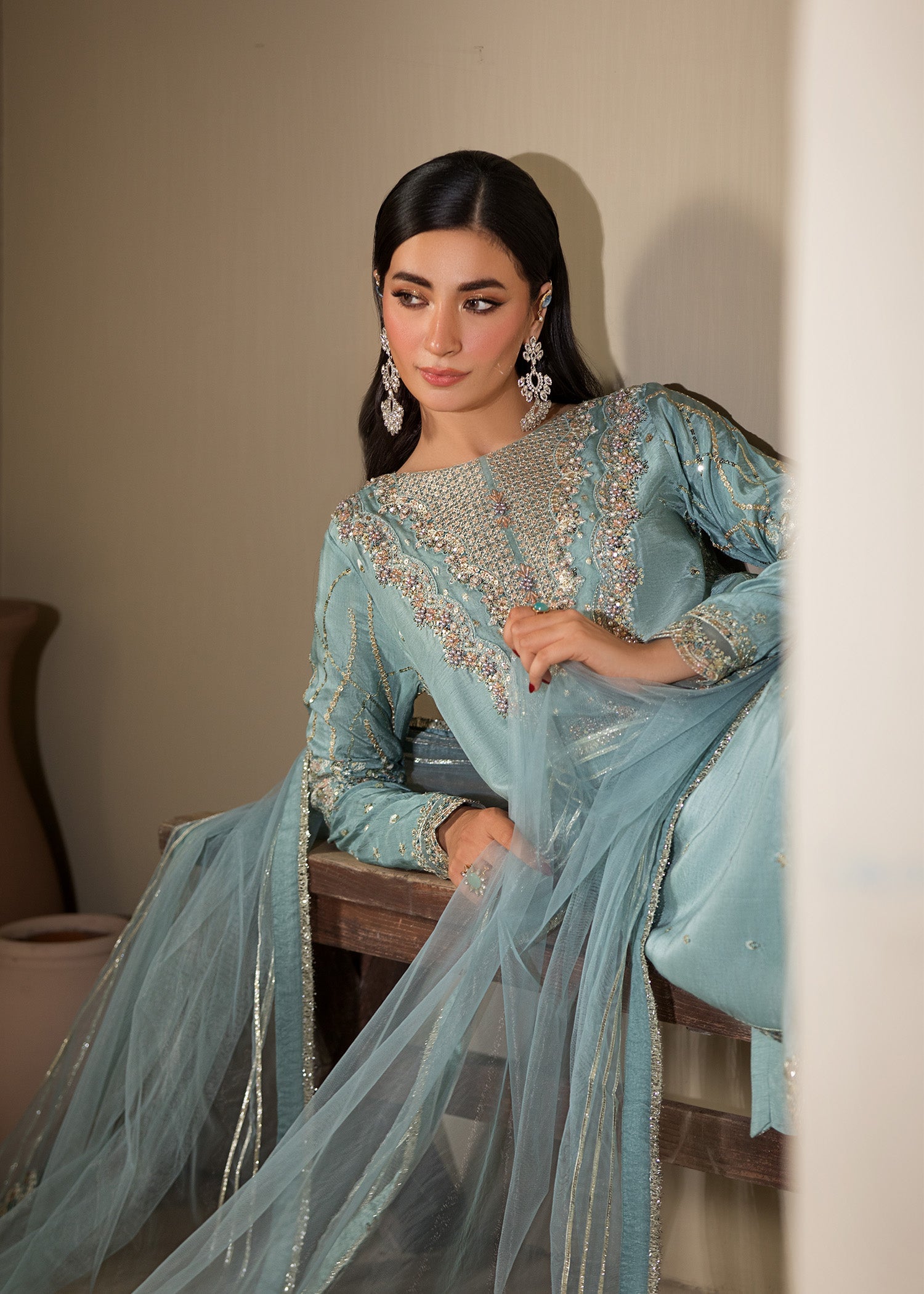 Ladies Embellished Ice Blue Silk Partywear Suit Online in UK USA Canada