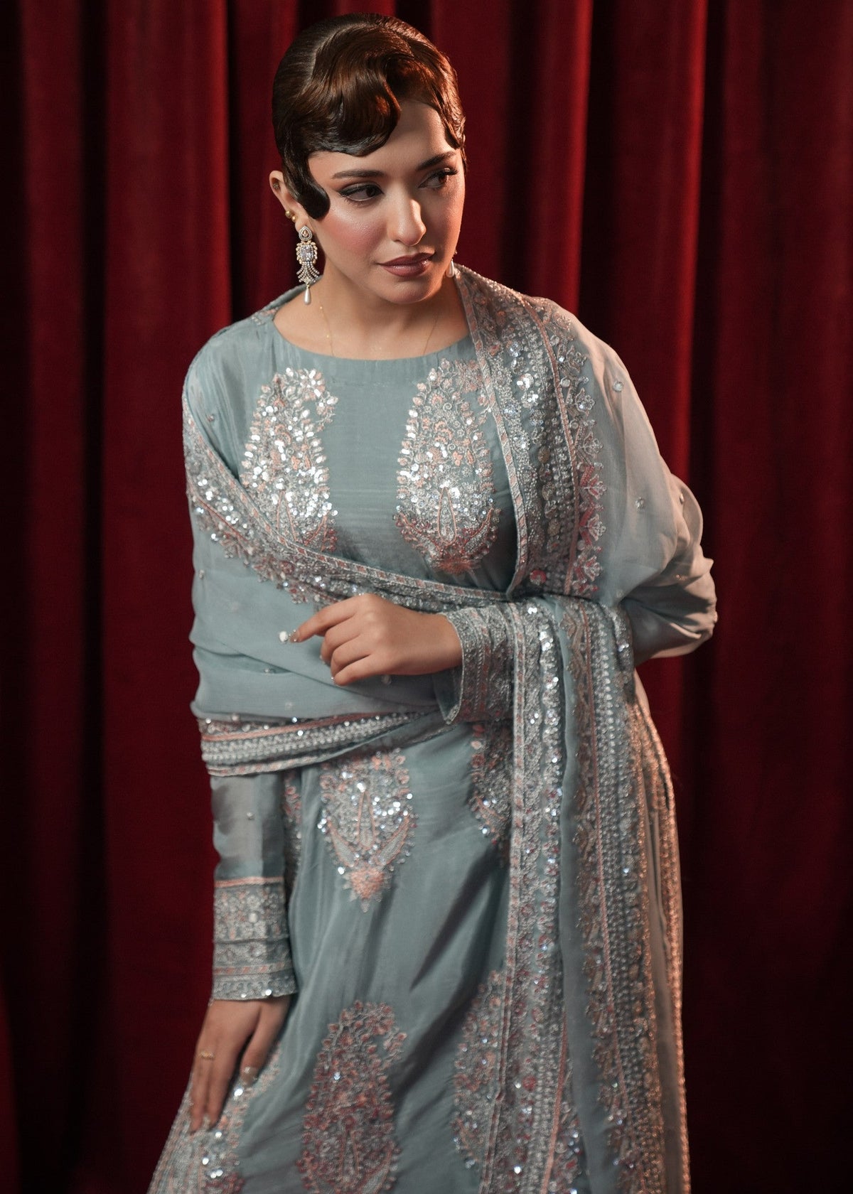 Ladies Embellished Ice Blue Silk Sharara Gharara Set Online in UK USA Canada