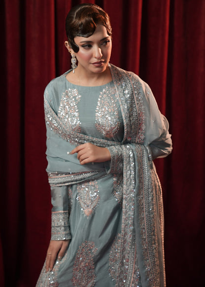 Ladies Embellished Ice Blue Silk Sharara Gharara Set Online in UK USA Canada
