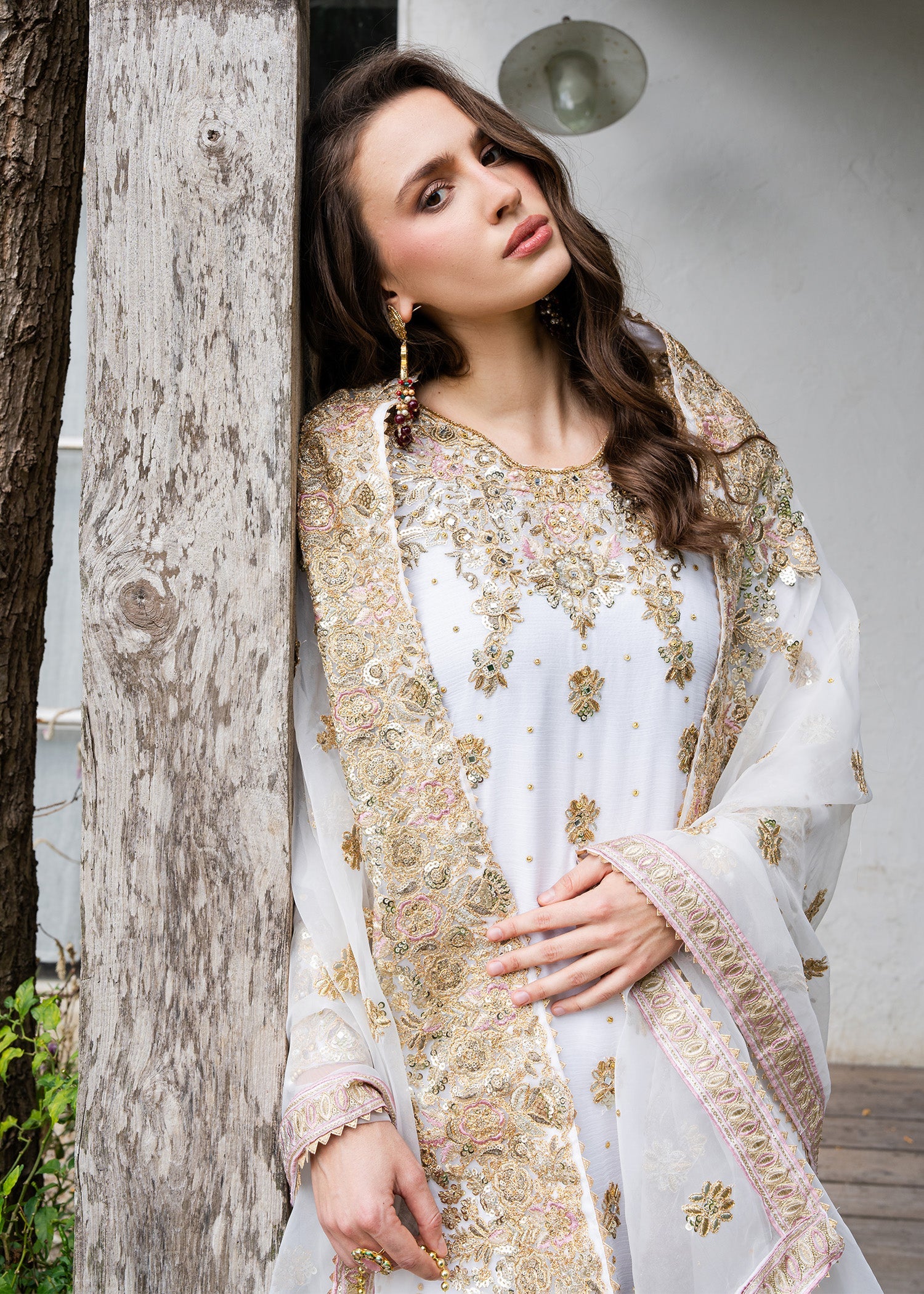 Ladies Embellished Ivory Gold Chiffon Kurti Gharara Online in UK USA Canada