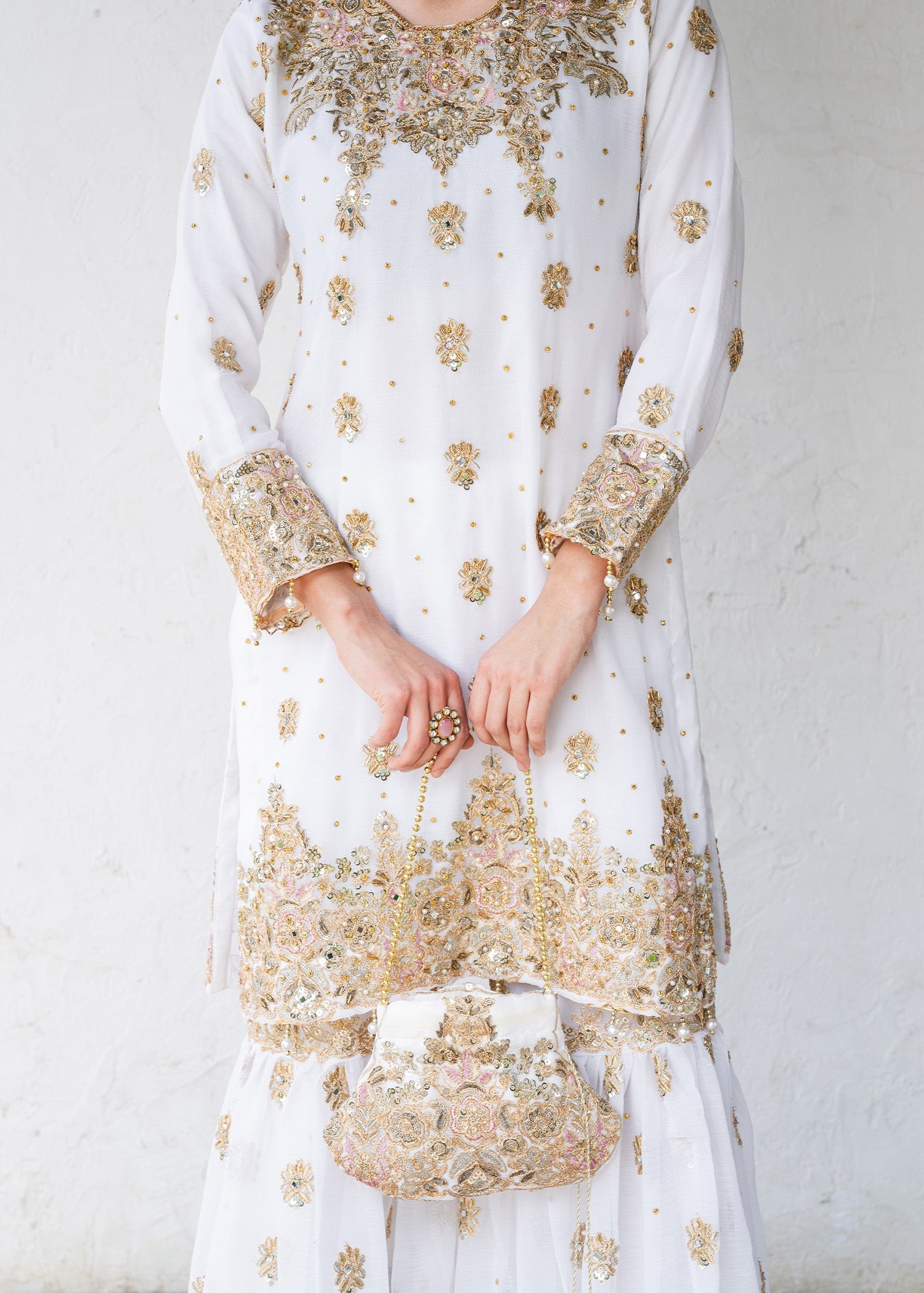 Ladies Embellished Ivory Gold Chiffon Kurti Gharara Online in UK USA Canada