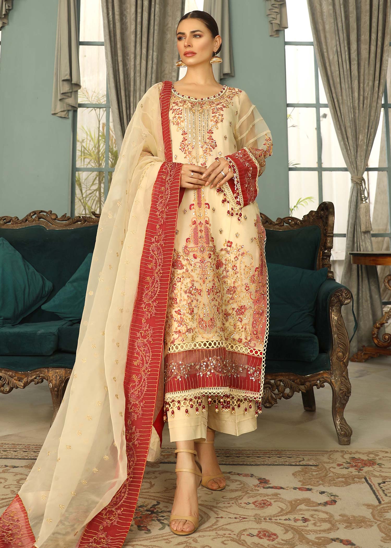 Ladies Embellished Ivory Organza Shalwar Kameez Online in UK USA Canada