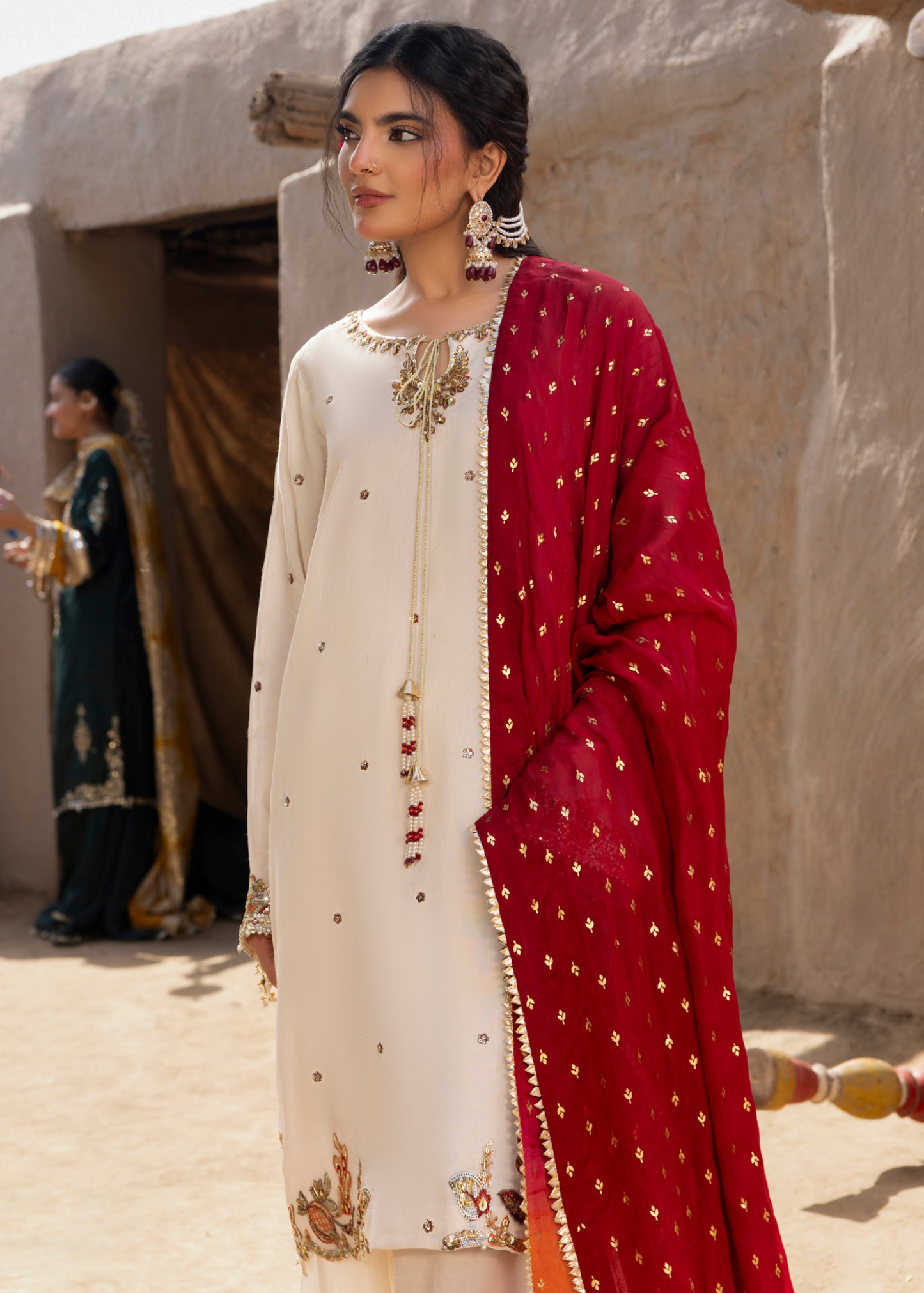 Ladies Embellished Ivory Raw Silk Partywear Suit Online in UK USA Canada