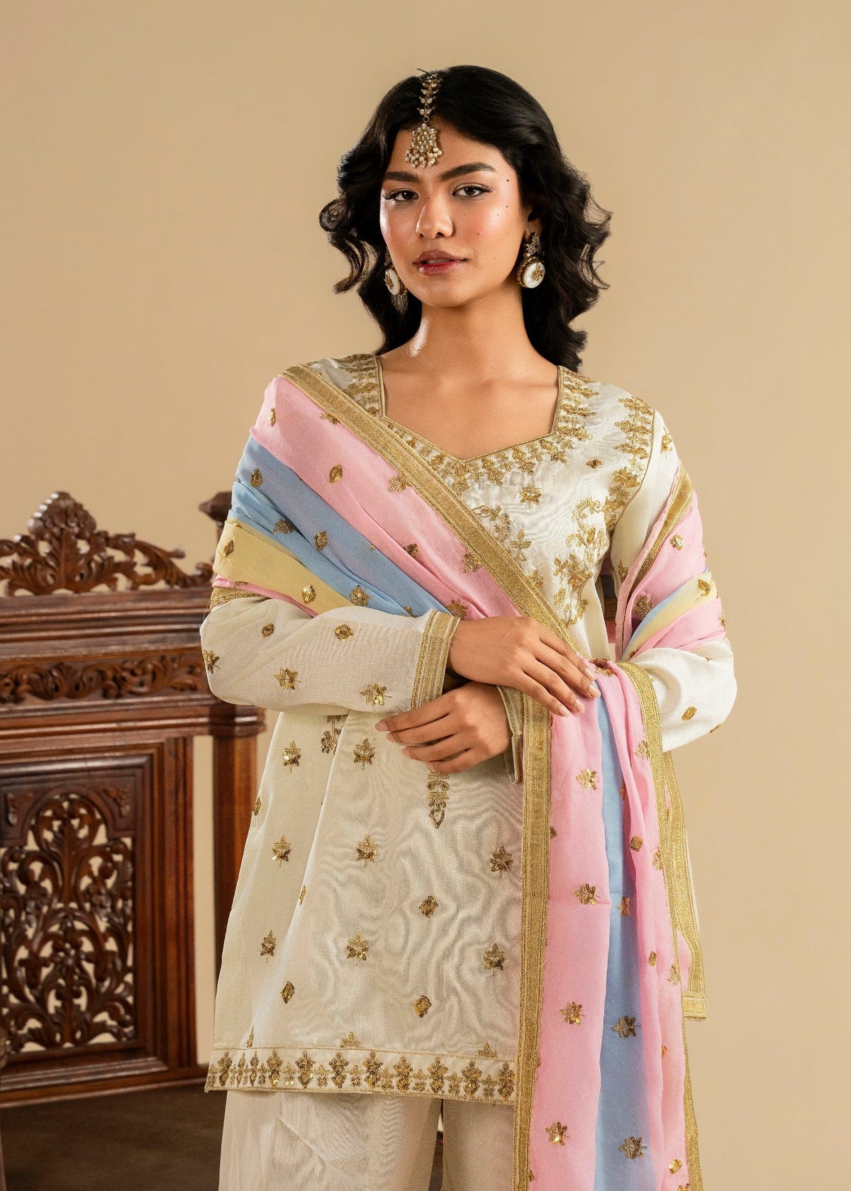 Ladies Embellished Ivory Silk Gharara Online in UK USA Canada