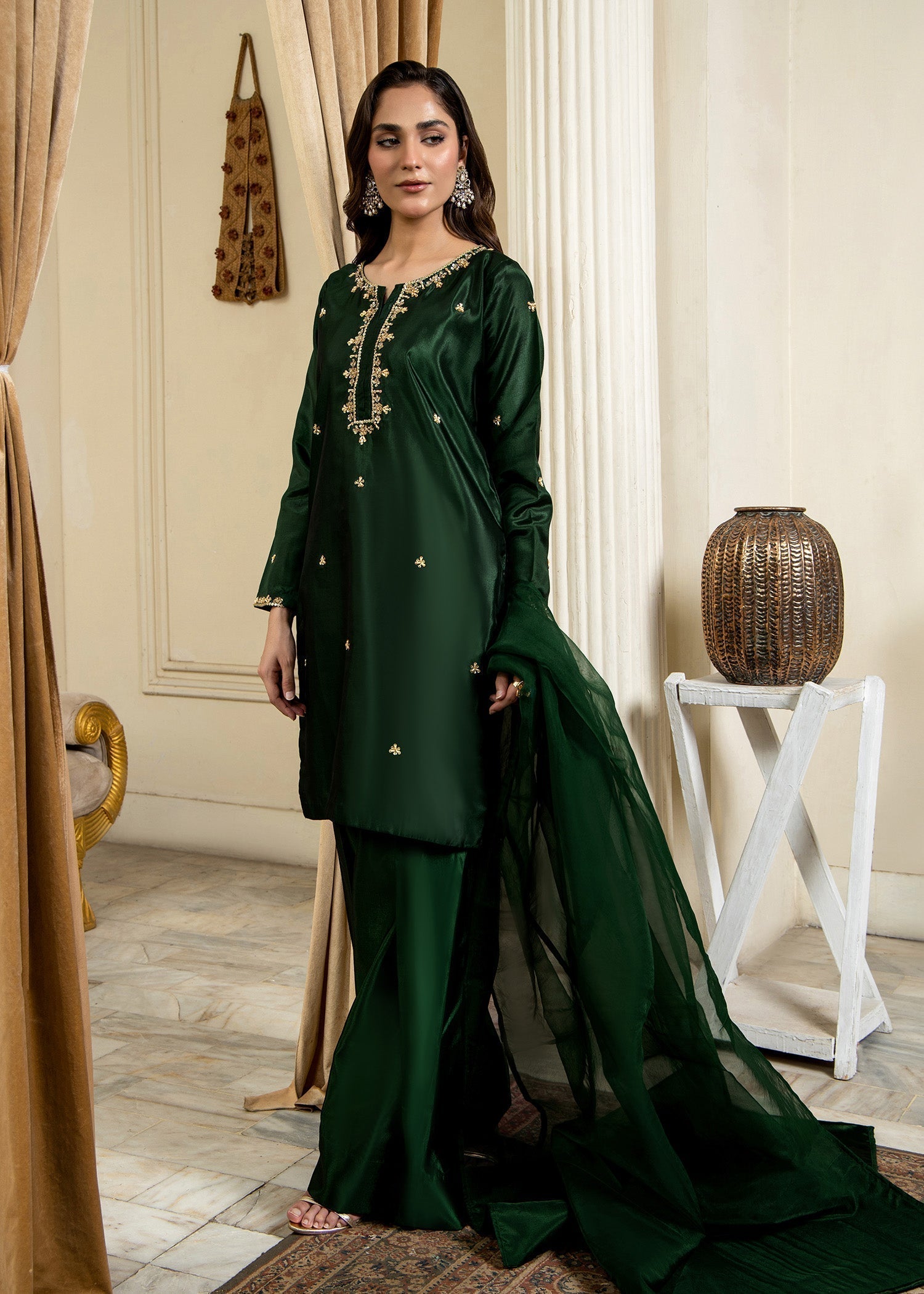 Ladies Embellished Kattan Silk Farshi Shalwar Online in UK USA Canada