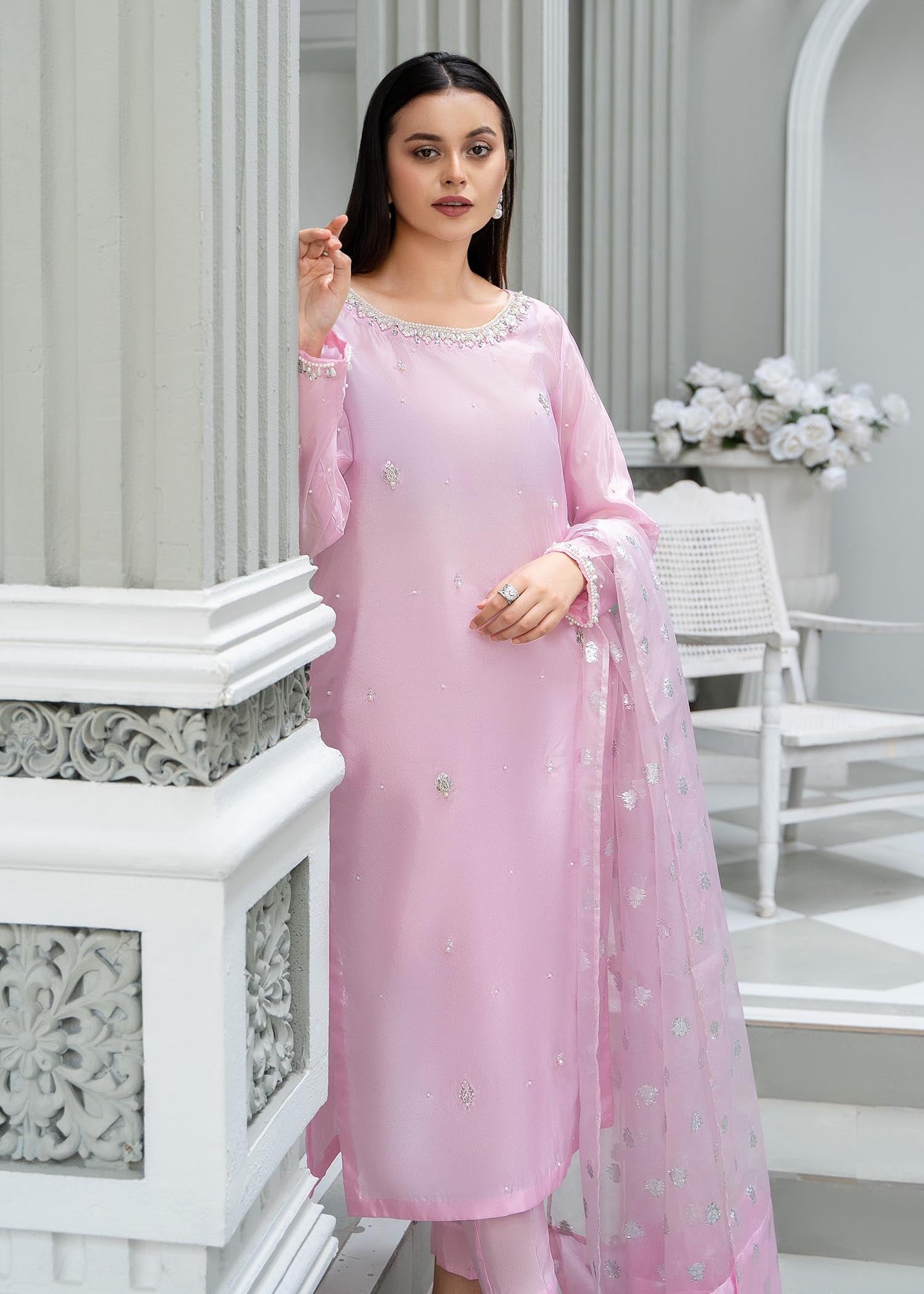Ladies Embellished Light Pink Kattan Silk Shalwar Kameez Online in UK USA Canada