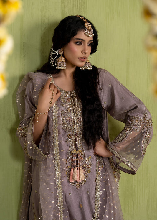 Ladies Embellished Lilac Organza Dupatta Suit Online in UK USA Canada