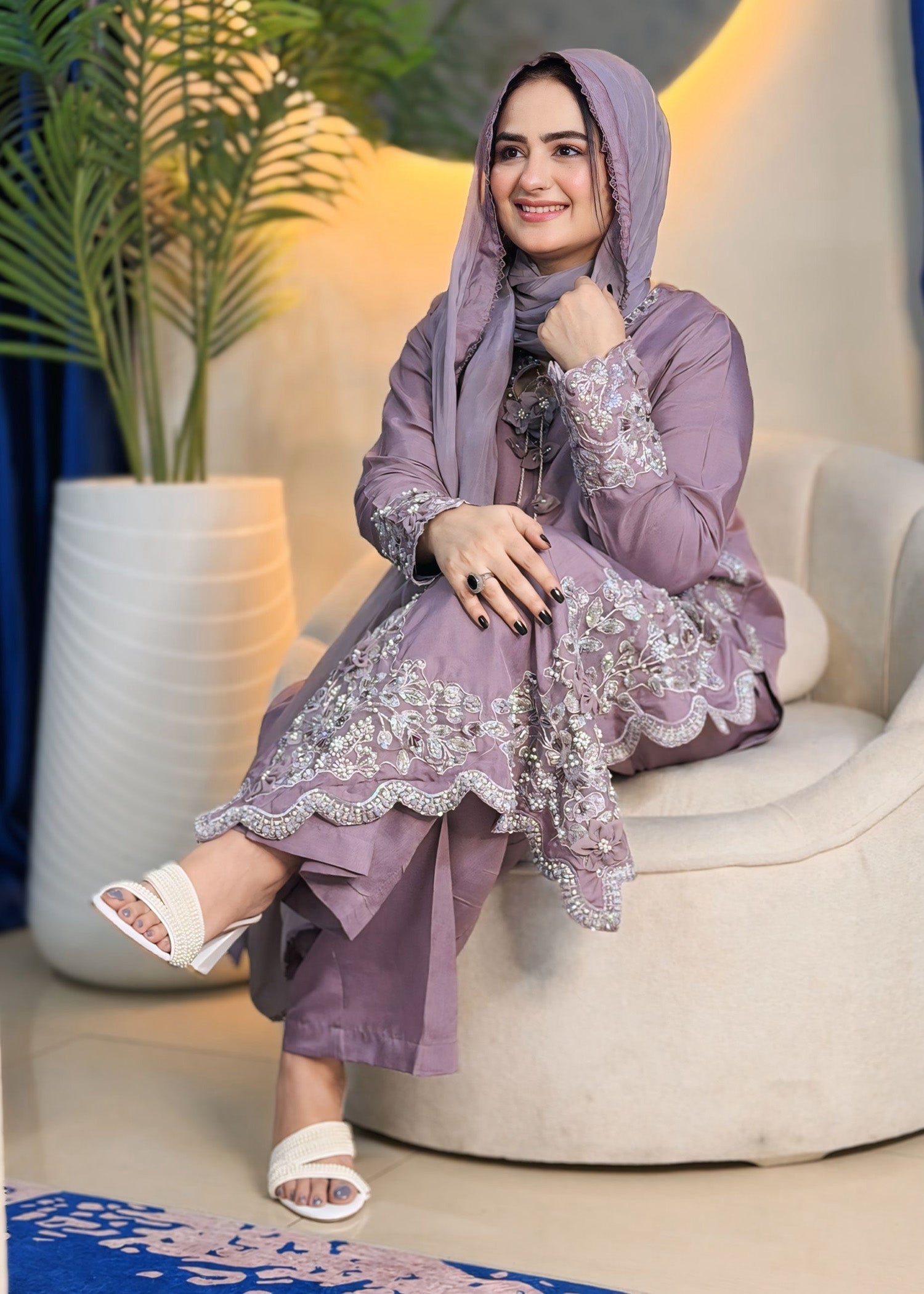 Ladies Embellished Lilac Silk Shalwar Kameez Online in UK USA Canada