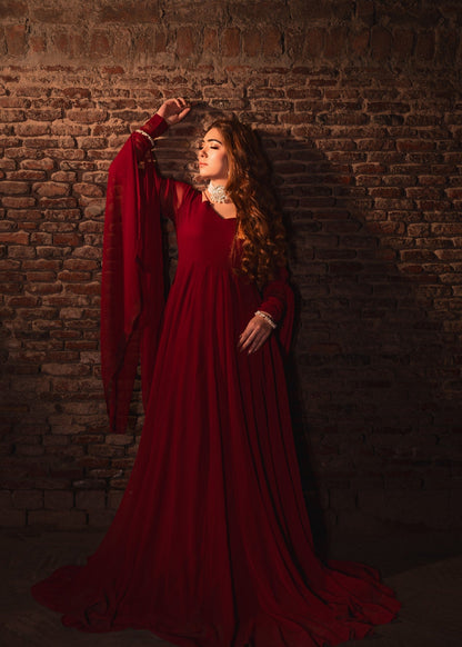 Ladies Embellished Maroon Chiffon Designer Suit Online in UK USA Canada