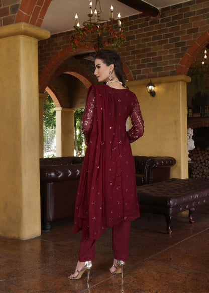 Ladies Embellished Maroon Chiffon Partywear Suit Online in UK USA Canada