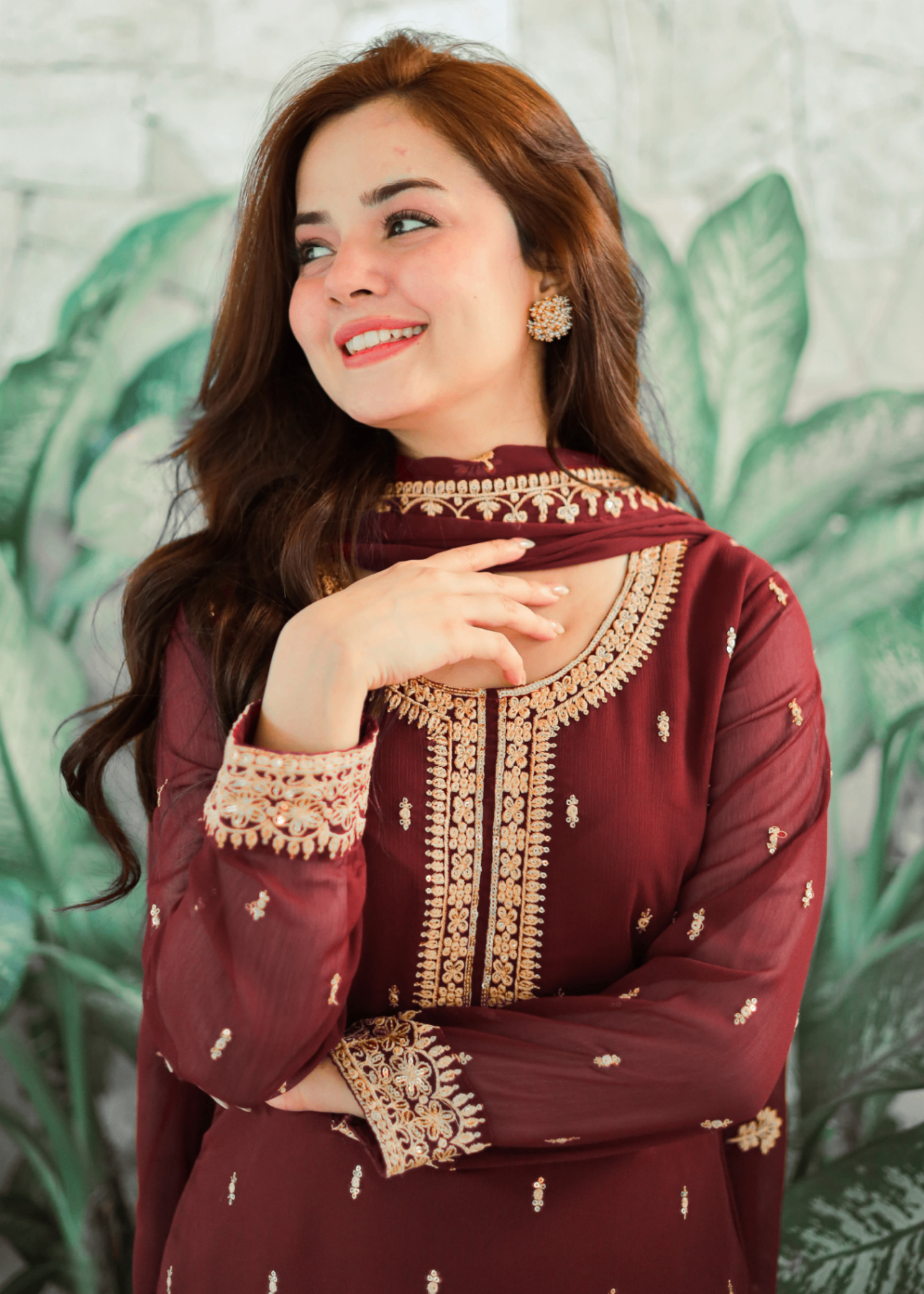Ladies Embellished Maroon Chiffon Shalwar Kameez Online in UK USA Canada