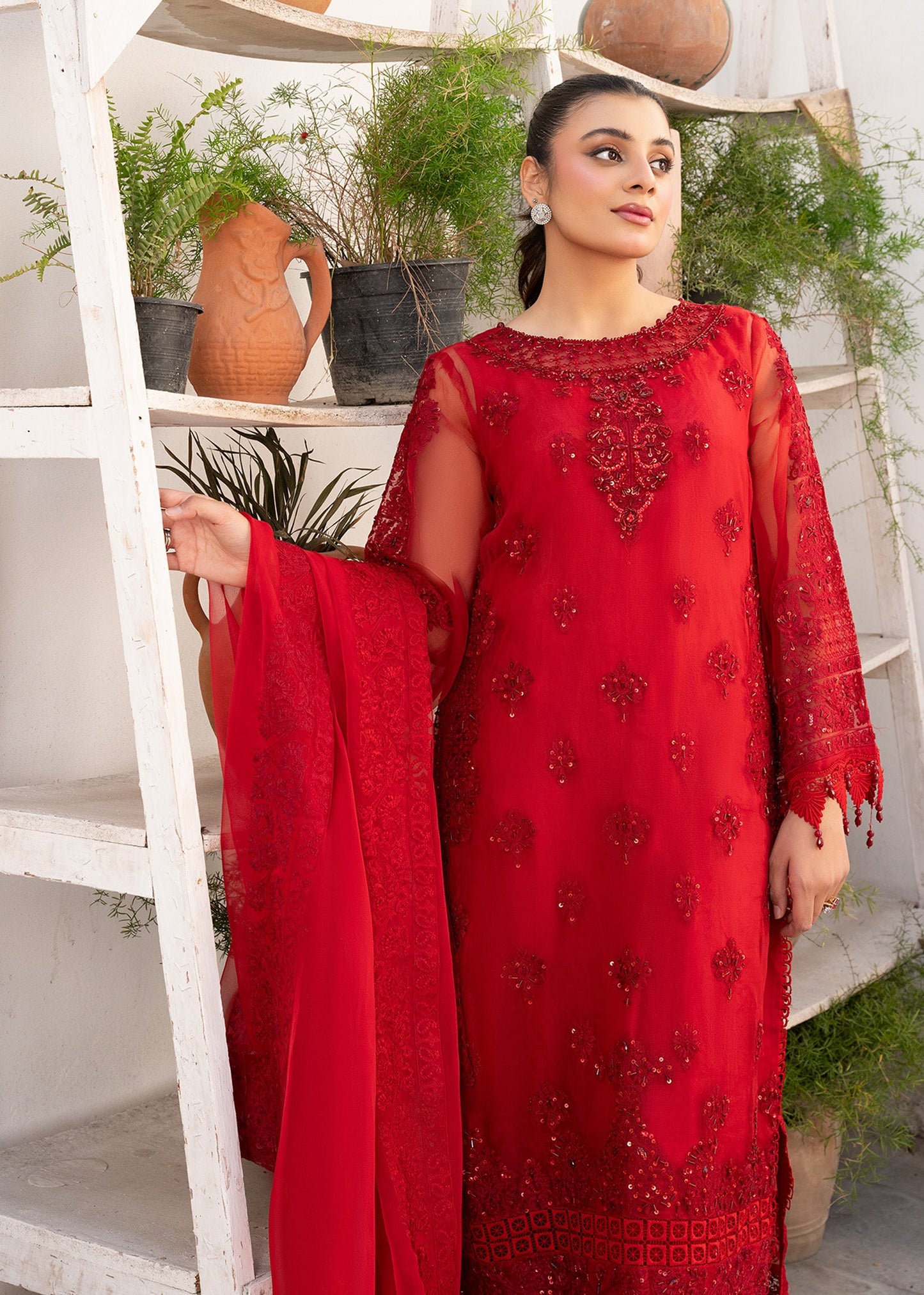 Ladies Embellished Maroon Organza Shalwar Kameez Online in UK USA Canada