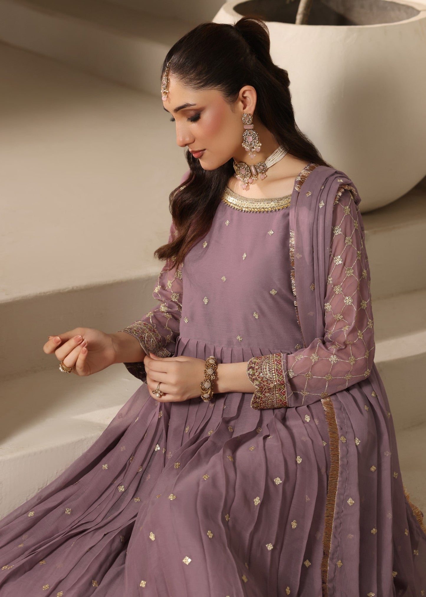 Ladies Embellished Mauve Pink Chiffon Suit Online in UK USA Canada
