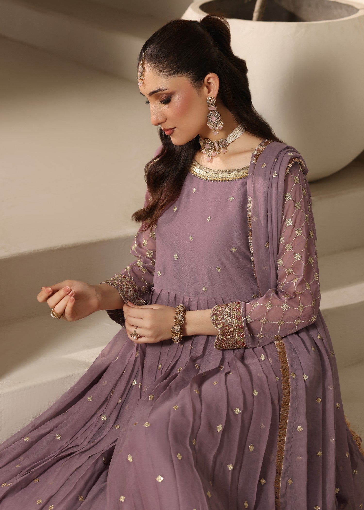 Ladies Embellished Mauve Pink Chiffon Suit Online in UK USA Canada