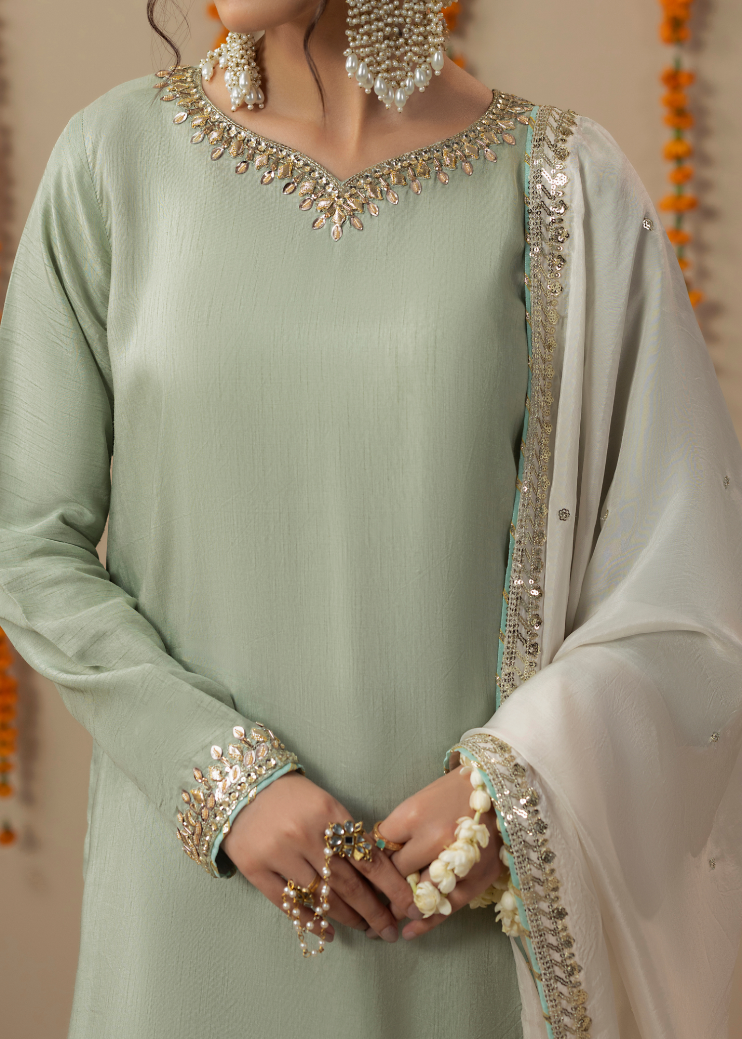 Ladies Embellished Mint Green Raw Silk Salwar Kameez Online in UK USA Canada