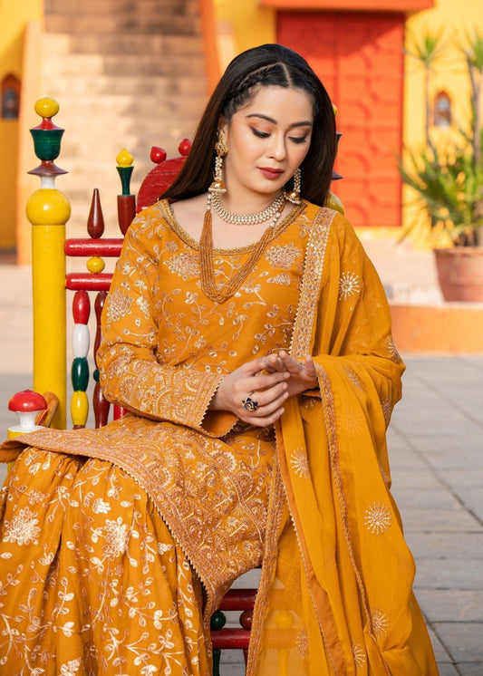 Ladies Embellished Mustard Chiffon Kurti Gharara Online in UK USA Canada