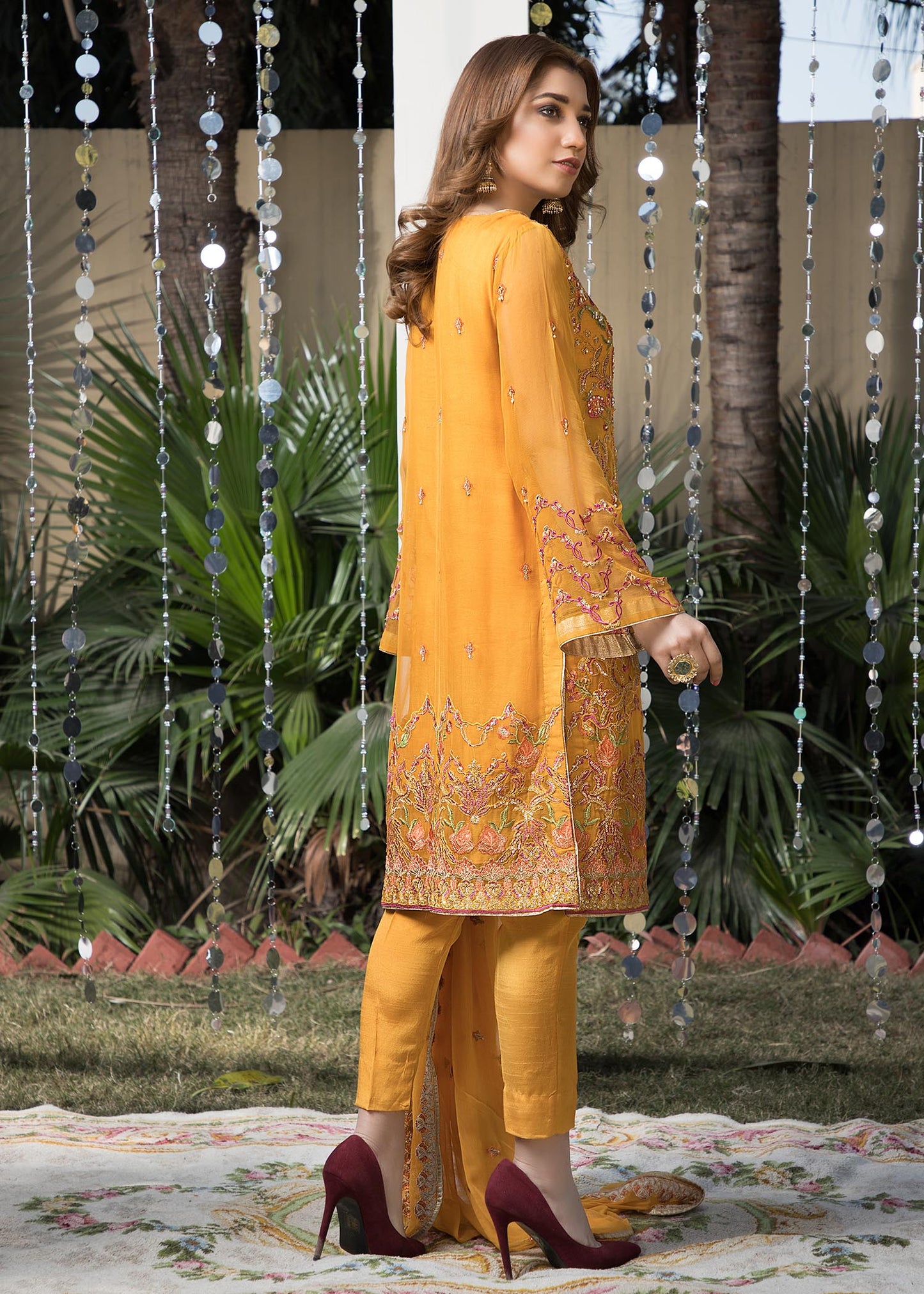 Ladies Embellished Mustard Chiffon Pakistani Suit Online in UK USA Canada