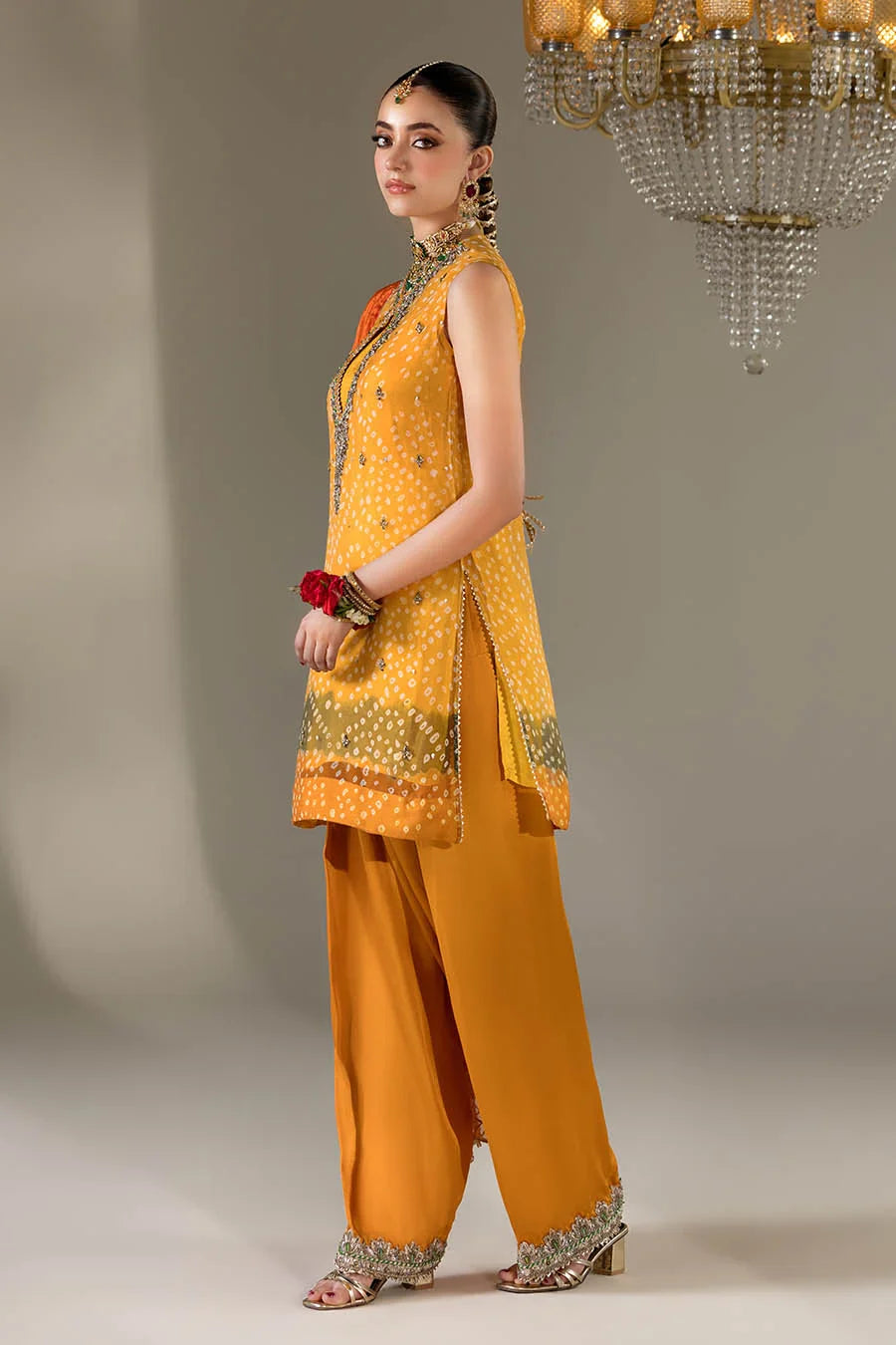 Ladies Embellished Mustard Chiffon Shalwar Kameez Online in UK USA Canada