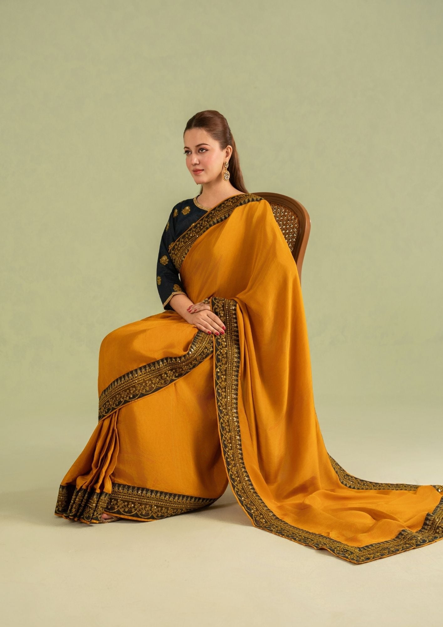 Ladies Embellished Mustard Gold Saree with Navy Dupatta Online in UK USA Canada
