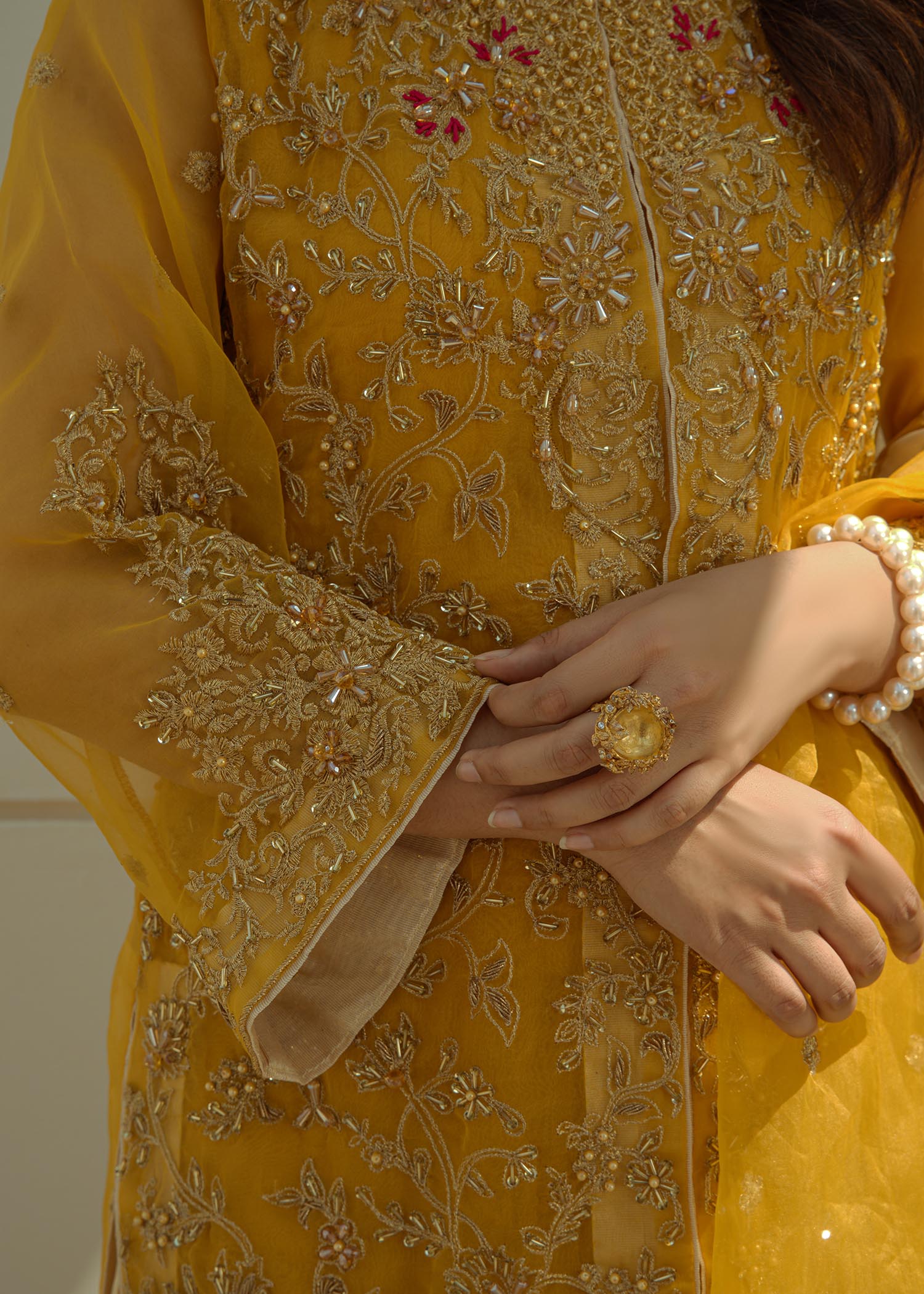 Ladies Embellished Mustard Organza Festive Wear Suit Online in UK USA Canada
