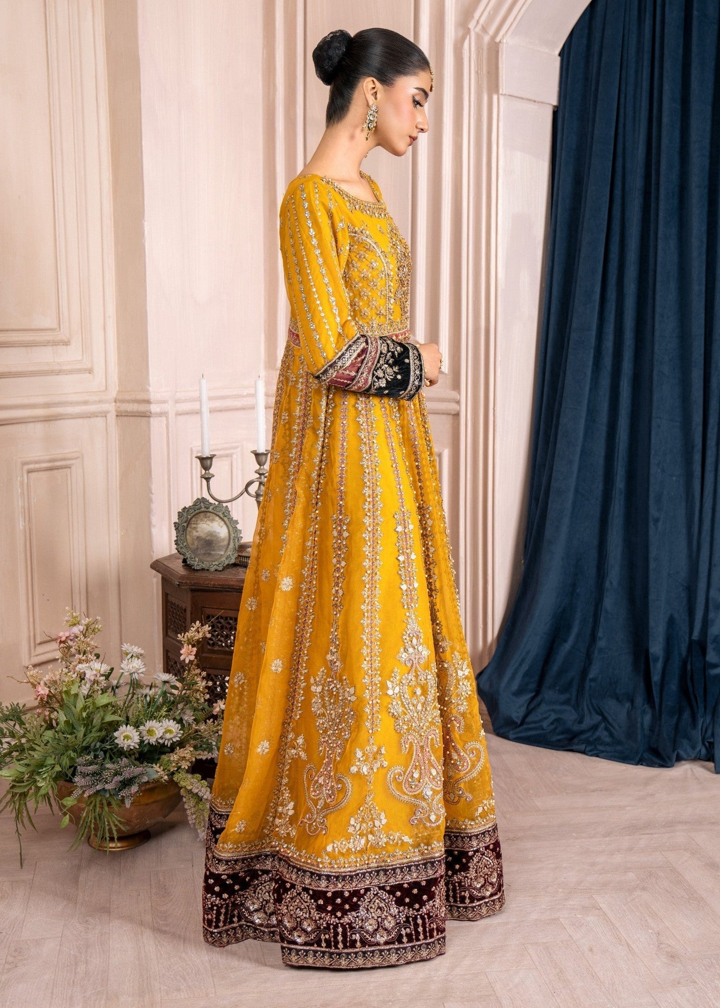 Ladies Embellished Mustard Organza Shalwar Kameez Online in UK USA Canada
