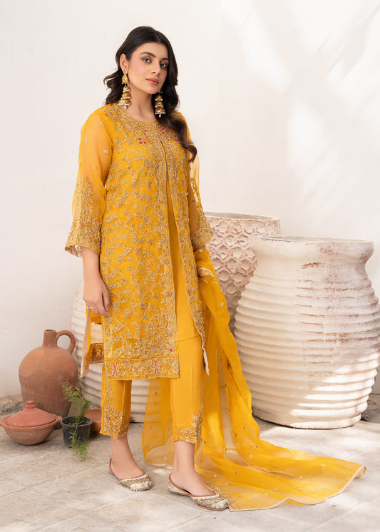 Ladies Embellished Mustard Organza Suit Online in UK USA Canada