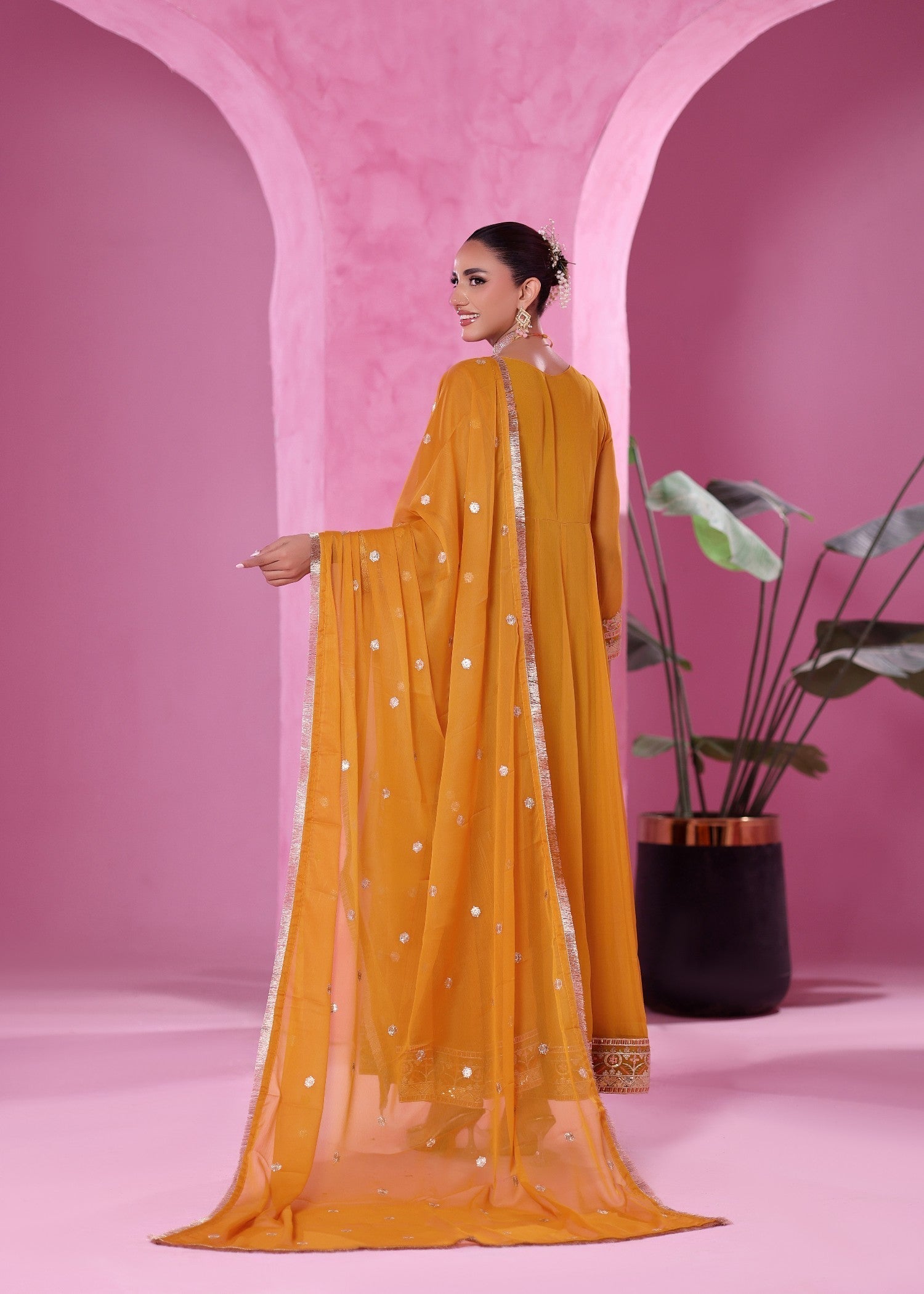 Ladies Embellished Mustard Pishwas Suit Online in UK USA Canada