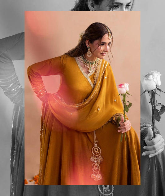 Ladies Embellished Mustard Raw Silk Maxi Outfit Online in UK USA Canada